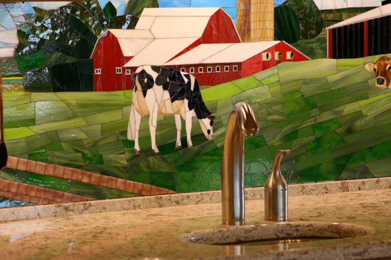 Stained glass mosaic backsplash created for a dairy farm in Pennsylvania.  Design inspired by images of client's barn, property, and prized cows.